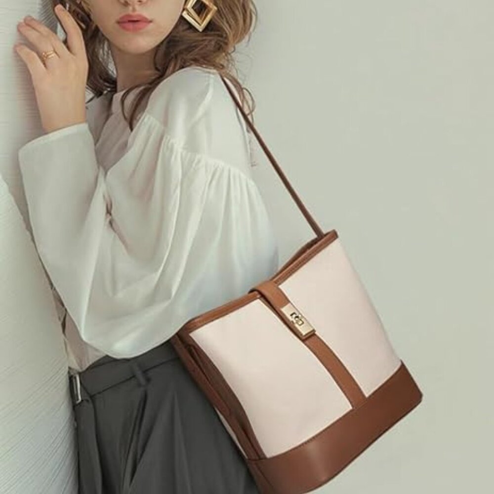 NWT! Canvas and Faux Leather Shoulder/Crossbody Bucket Purse Tote Hobo Bag